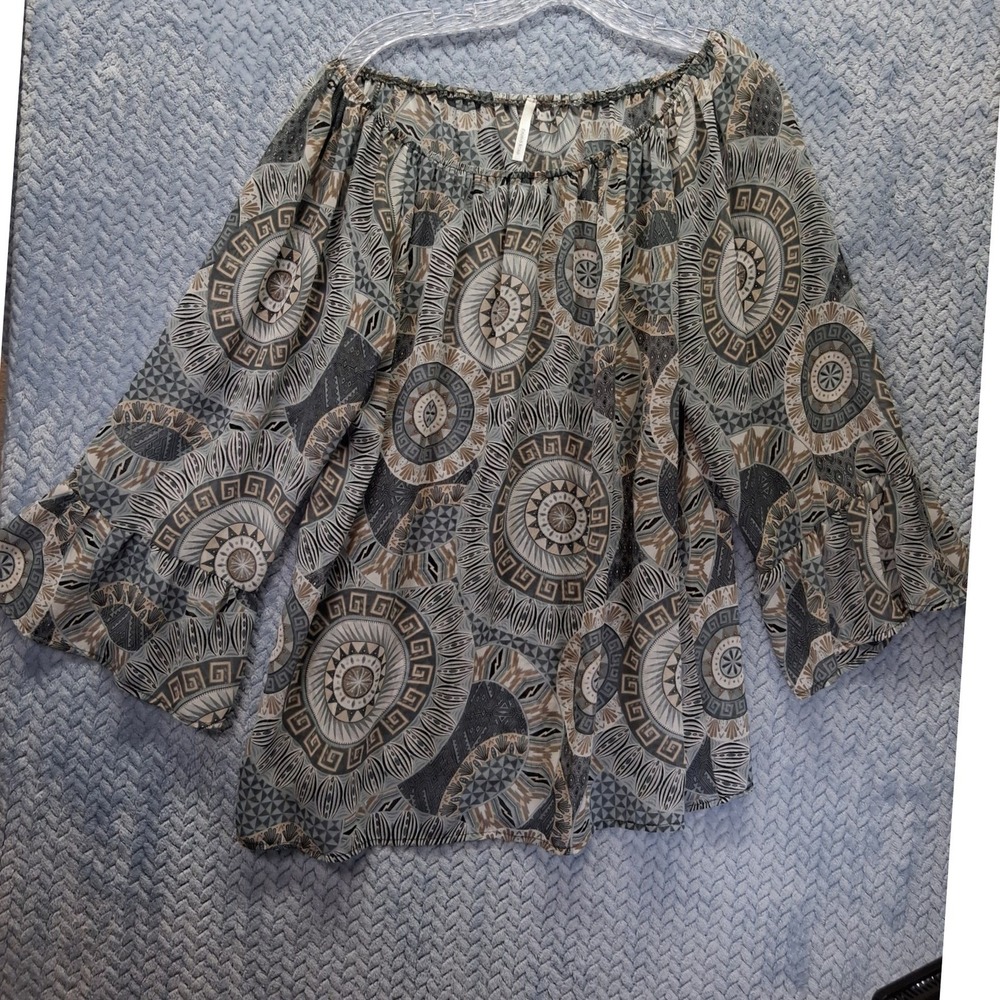 Emma Rose Grey Geometric Medallion Print Boho Bell Sleeve Peasant Blouse Top